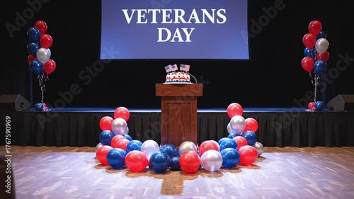 Commemorative stage decorated with patriotic balloons for a Veterans Day celebration