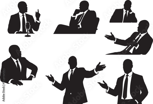 Businessman silhouette, public speaking, professional gestures, corporate pose, leadership expression, suit icon, communication body language, presentation stance, CEO figure, black vector art