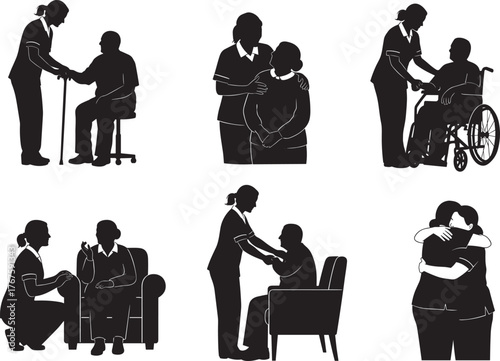 Caregiver helping elderly, emotional support, medical check, wheelchair assistance, compassion, silhouette illustration, senior care, aging support, healthcare, black and white vector