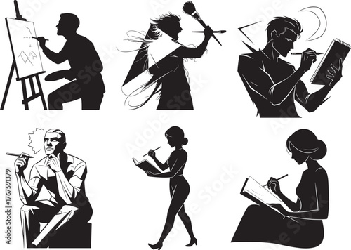 Creative silhouette, artist painting, writer sketching, thinker contemplating, notebook, canvas, brush, pencil, inspiration, focus, emotion, creativity, studio, workspace, expression, idea