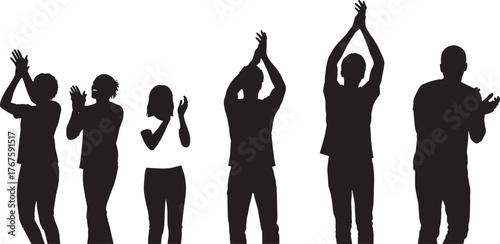 Silhouette people clapping, standing ovation, applause gesture, celebration crowd, cheering audience, black figures, expressive pose, appreciation moment, vector illustration, stock art
