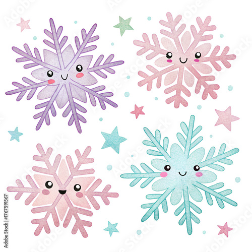 Cute cartoon snowflakes with smiling faces and pastel colors create a cheerful winter theme for decoration