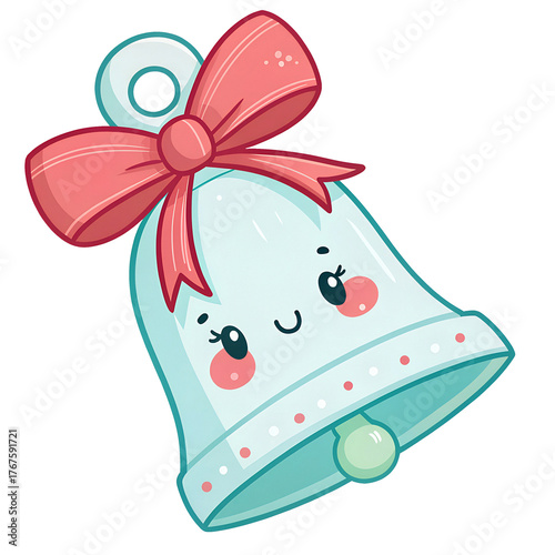 Cute cartoon bell with a pink bow, smiling face, and pastel colors, perfect for festive decorations and celebrations