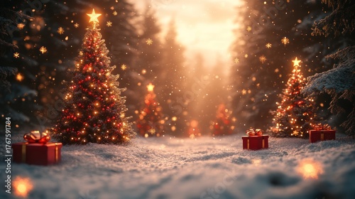 Christmas Enchantment: Sparkling Christmas trees bathed in golden light stand amidst a serene snow-covered forest, adorned with twinkling lights and wrapped gifts, evoke feelings of holiday wonder.