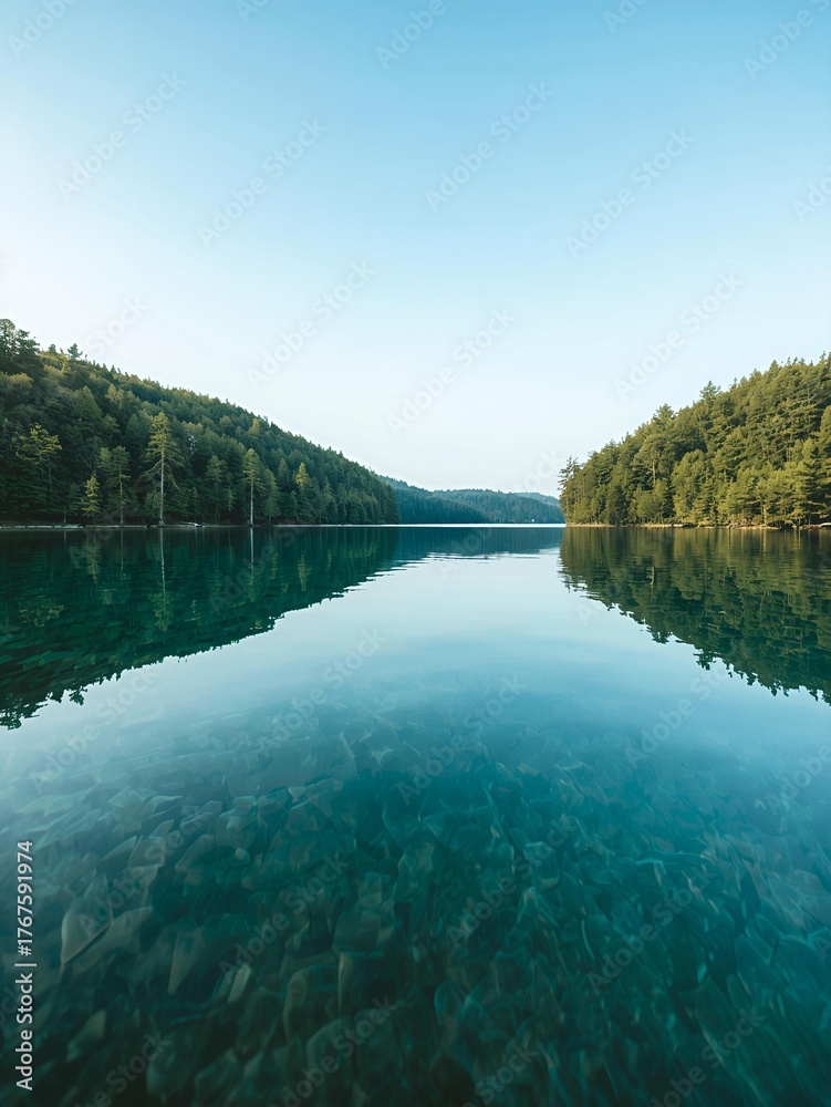 Fototapeta premium Serene turquoise lake with forest reflection under clear summer sky