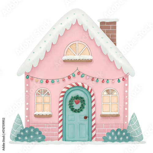 Colorful winter house decorated with lights and a wreath for the holiday season