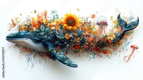 Floral Whale: A whimsical and enchanting artwork depicting a whale adorned with a vibrant array of flowers and marine life, a beautiful fusion of nature's wonders.