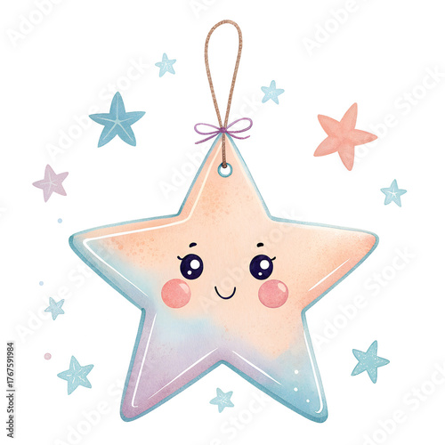 Cute pastel star ornament with a smiling face and surrounding stars, perfect for decoration in children's rooms or festive events