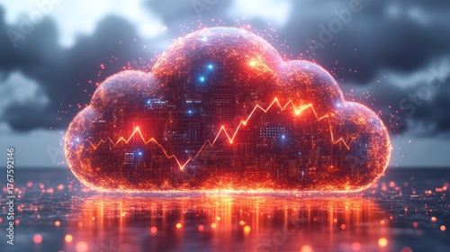 Digital Cloud: A glowing digital cloud pulses with energy, illuminated against a dramatic backdrop of stormy clouds. It signifies the dynamic realm of data.
