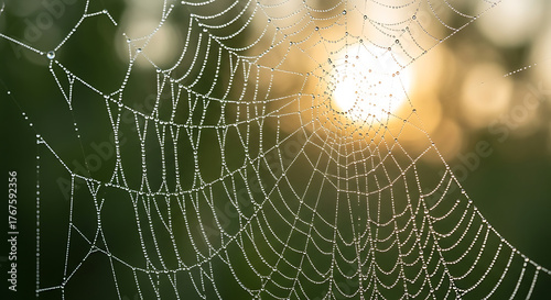 Spider web with morning dew drops at sunrise
