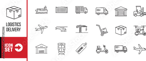 Logistics and delivery icon set featuring transportation and shipping