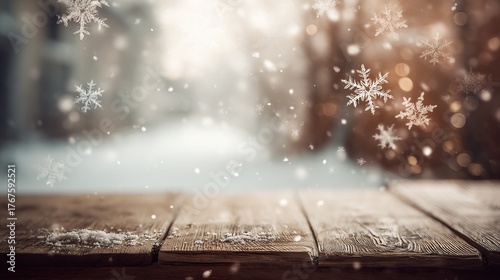 A close-up shot captures snowflakes falling on an old wooden table, with a blurred snowy background, evoking the simple beauty of winter.