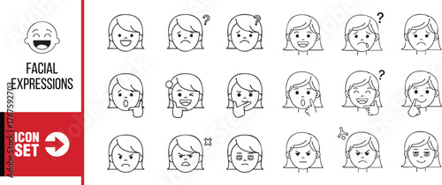 Icon set of hand drawn facial expressions of girl with different emotions