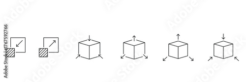 3d cube with arrow direction, expand and shrink motion, geometric box dimension growth icon vector illustration