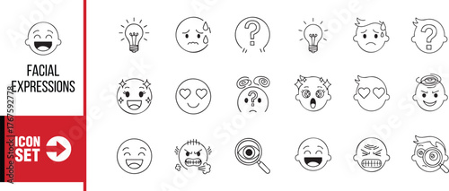 Icon set of hand drawn facial expressions with different emotions