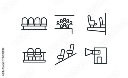 simple outline stroke icon isolated on white background upper tier seating overhanging sightline view side balcony wings railing front row steep incline section projection booth alignment