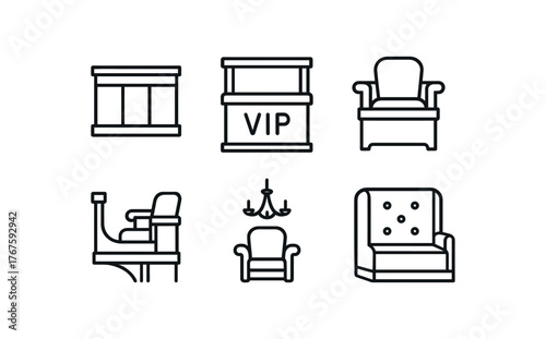 simple outline stroke icon isolated on white background elevated box VIP labeled enclosure brass fitted armrest box gallery level side box chandelier adjacent plush interior booth