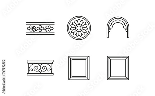 simple outline stroke icon isolated on white background floral frieze detail chandelier medallion ring arch trim gilding balcony scroll edge frame inlay velvet lined molding