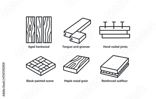 simple outline stroke icon isolated on white background aged hardwood panels tongue and groove assembly hand nailed joints black painted scene flooring maple wood grain floor reinforced