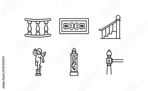 simple outline stroke icon isolated on white background curved oak balcony rail box divider carving staircase side balustrade cherub motif spindle hand carved newel post gold tipped railing