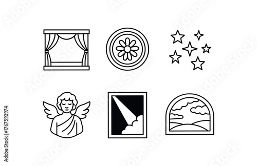 simple outline stroke icon isolated on white background stage myth depiction floral ceiling medallion gold pattern classic angel tableau dramatic light illusion painting panoramic art canopy