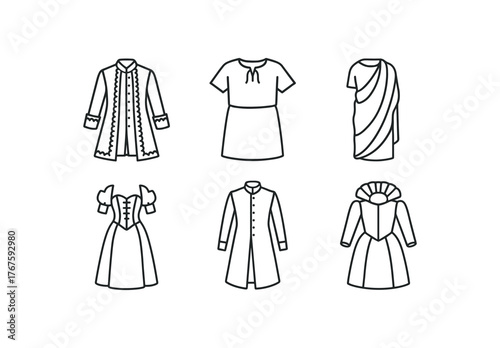 simple outline stroke icon isolated on white background baroque lace trim coat medieval peasant tunic Roman senator toga Restoration corset ensemble Regency frock coat Elizabethan collar