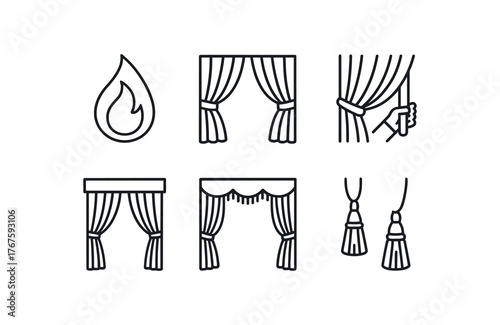 simple outline stroke icon isolated on white background fire retardant red velvet drop double panel opening curtain hand pulled act curtain motorized velvet reveal gold fringed edge curtain