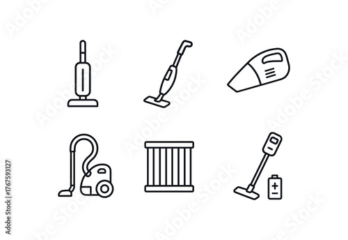 simple outline stroke icon isolated on white background upright vacuum stick vacuum handheld portable vacuum bagless canister vacuum HEPA filter vacuum cordless rechargeable vacuum