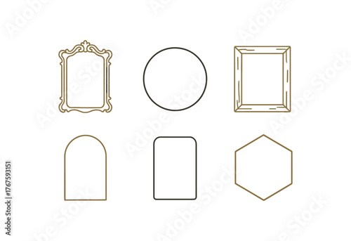 simple outline stroke icon isolated on white background gold ornate mirror frame round black metal frame wooden rustic frame arch top mirror frame minimalist frameless edge brass hexagon