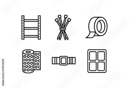 simple outline stroke icon isolated on white background steel shelving frame zip tie bundle packing tape roll bubble wrap roll nylon strap labeling sticker sheet
