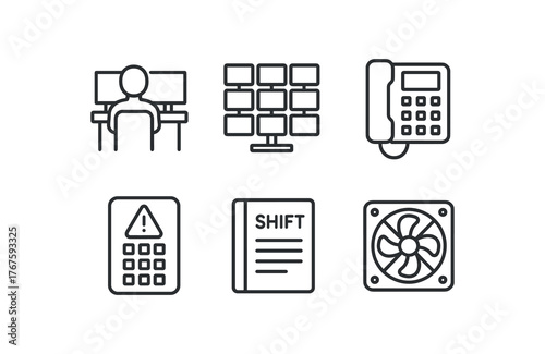 simple outline stroke icon isolated on white background operator desk surveillance monitor intercom system alarm panel shift logbook station ventilation fan grill
