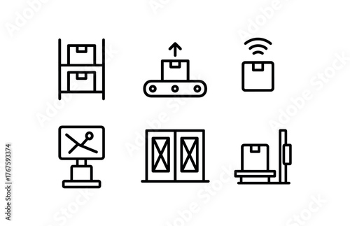 simple outline stroke icon isolated on white background last mile bin rack parcel flow lane loading queue sensor route coordination booth sealed gate door pallet wrap station