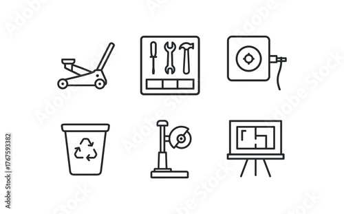 simple outline stroke icon isolated on white background floor jack area tool shadow board compressed air outlet scrap bin grinding wheel post blueprint display board