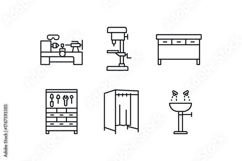 simple outline stroke icon isolated on white background lathe station drill press stand workbench row tool storage rack welding booth safety eyewash station