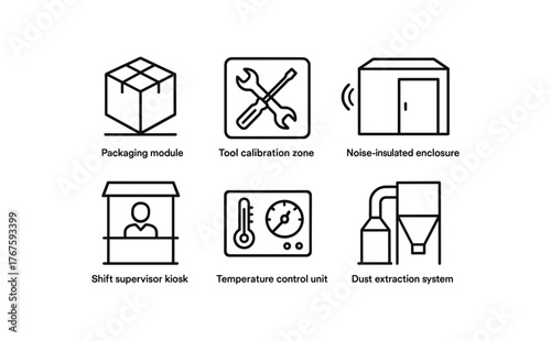 simple outline stroke icon isolated on white background packaging module tool calibration zone noise insulated enclosure shift supervisor kiosk temperature control unit dust extraction