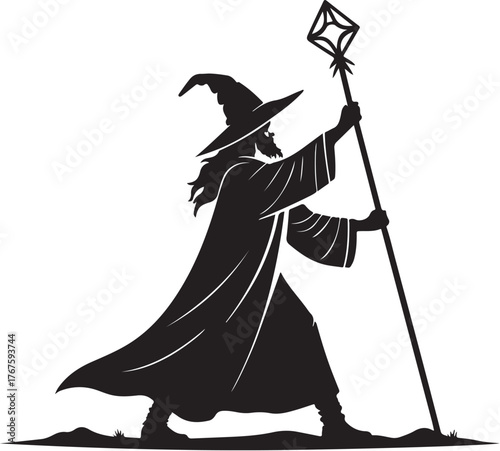 Black silhouette vector illustration of a Wizard casting spell