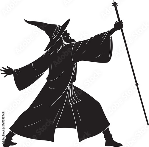 Black silhouette vector illustration of a Wizard casting spell