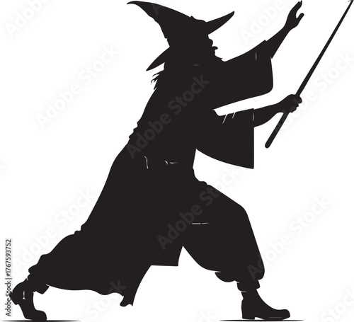 Black silhouette vector illustration of a Wizard casting spell
