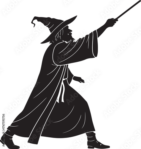 Black silhouette vector illustration of a Wizard casting spell