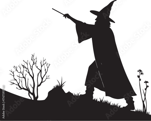 Black silhouette vector illustration of a Wizard casting spell