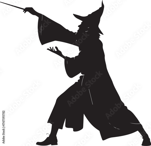 Black silhouette vector illustration of a Wizard casting spell