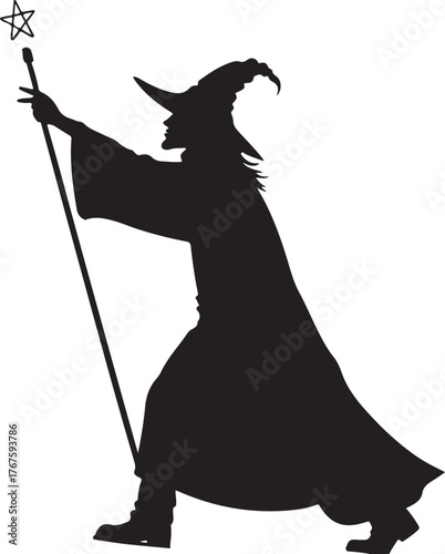 Black silhouette vector illustration of a Wizard casting spell