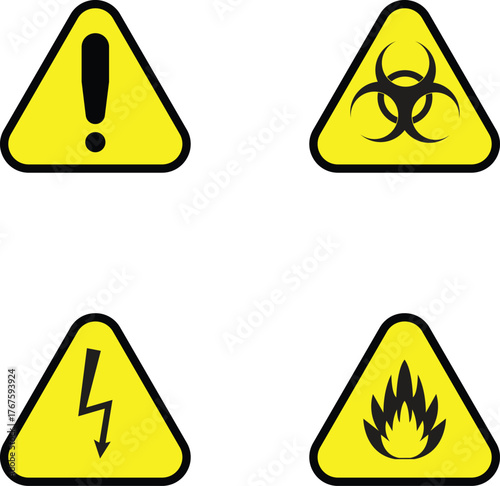 Safety Hazard Symbols Vector Collection Caution, Biohazard, Electric Shock, Flammable Signs