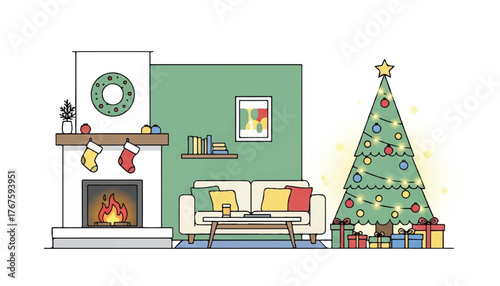 Interior illustration featuring a decorated Christmas tree, fireplace, sofa, and festive ornaments.