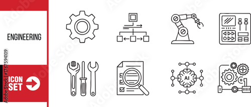 Engineering icon set featuring tools, gear, and automation