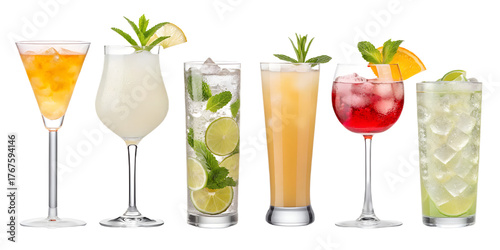 Various Cocktail PNG Set – Realistic Drinks with Garnishes, Isolated on Transparent Background