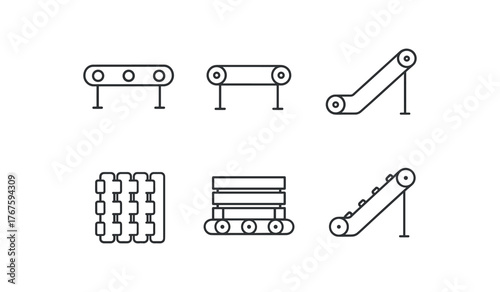 simple outline stroke icon isolated on white background roller conveyor flat belt conveyor incline conveyor modular plastic belt pallet conveyor cleated belt conveyor