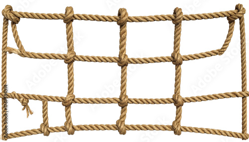 Worn rope netting with simple square knots against a black backdrop