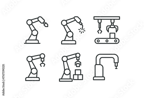 simple outline stroke icon isolated on white background 6 axis robotic welding robot assembly line robot pick and place palletizing robot SCARA robot