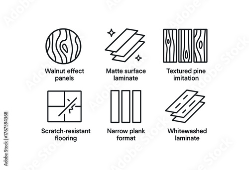 simple outline stroke icon isolated on white background walnut effect panels matte surface laminate textured pine imitation scratch resistant flooring narrow plank format whitewashed